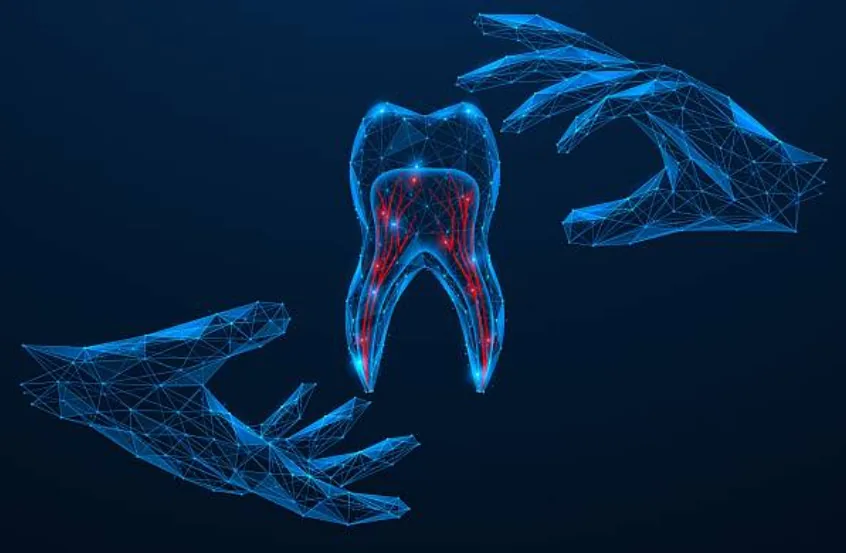 Wireframe rendering of a molar with its root canals