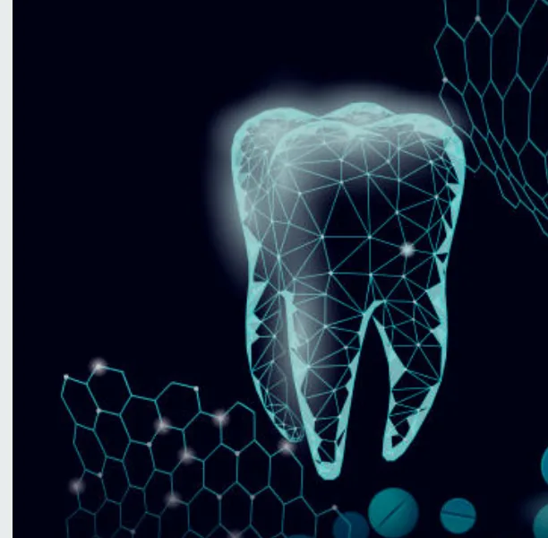 Low-poly wireframe molar against a dark field